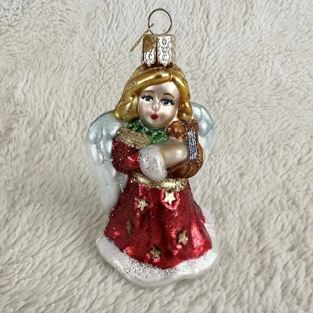 Old World Christmas Ornament Red Angel Holding Lyre 4” Holiday Decoration